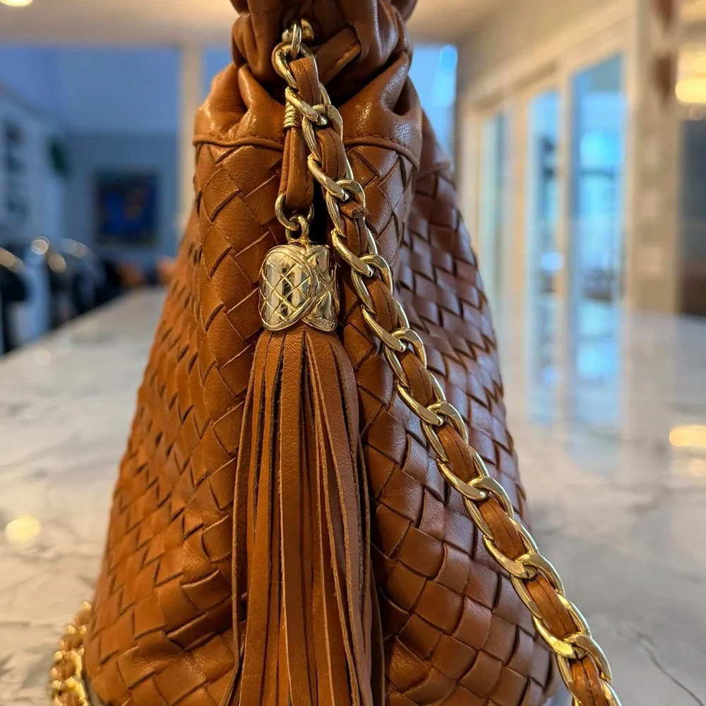 Henri Bendel Tan Woven Leather Bucket Bag with Brown Tassels and Chain Strap - Picture 2 of 11